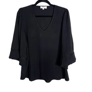 New Gilli Medium Black 3/4 Bell Sleeve VNeck Blouse Top Ruffle Inset Trim Detail